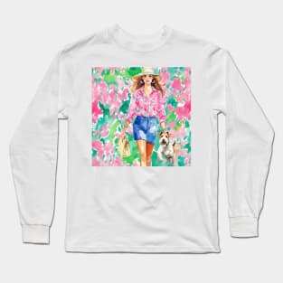 Preppy girl taking Fox Terrier for a walk Long Sleeve T-Shirt